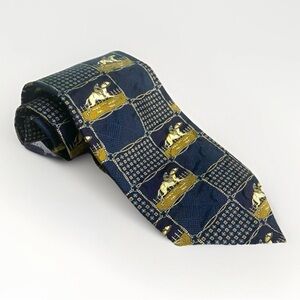 POLIFRONI Milano Men 100% Silk Tie Equestrian Horse/Jockey Blue Made In Canada